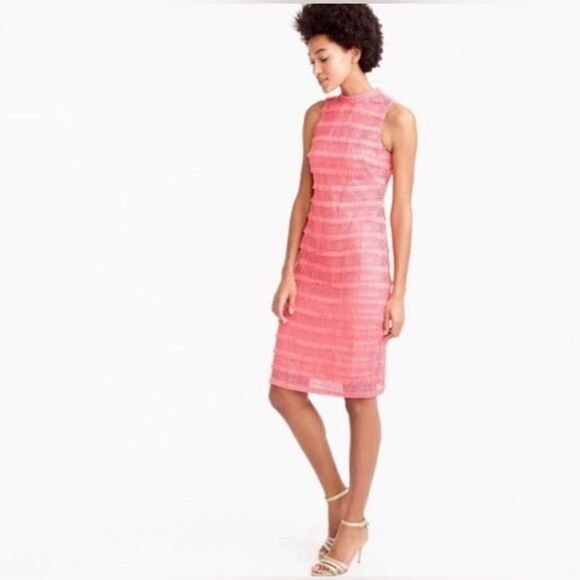 J. Crew Sheath Dress Coral Pink Fringe Corchet Lined Mock Neck Sleeveless sz 4 - Picture 1 of 11